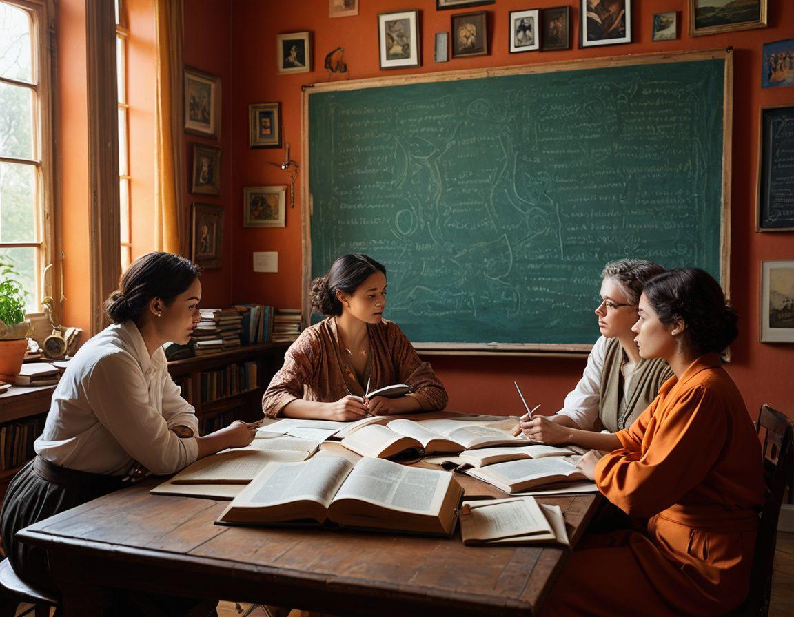 A captivating scene depicting a diverse group of adults engaged in an enlightening discussion about sensuality, surrounded by books and art representing various cultures. The background features elements symbolizing education, such as a chalkboard and academic motifs, intertwined with sensual imagery like soft fabrics and abstract shapes. The mood is vibrant and thought-provoking, showcasing a balance of intellect and sensuality. super-realistic. vibrant colors.